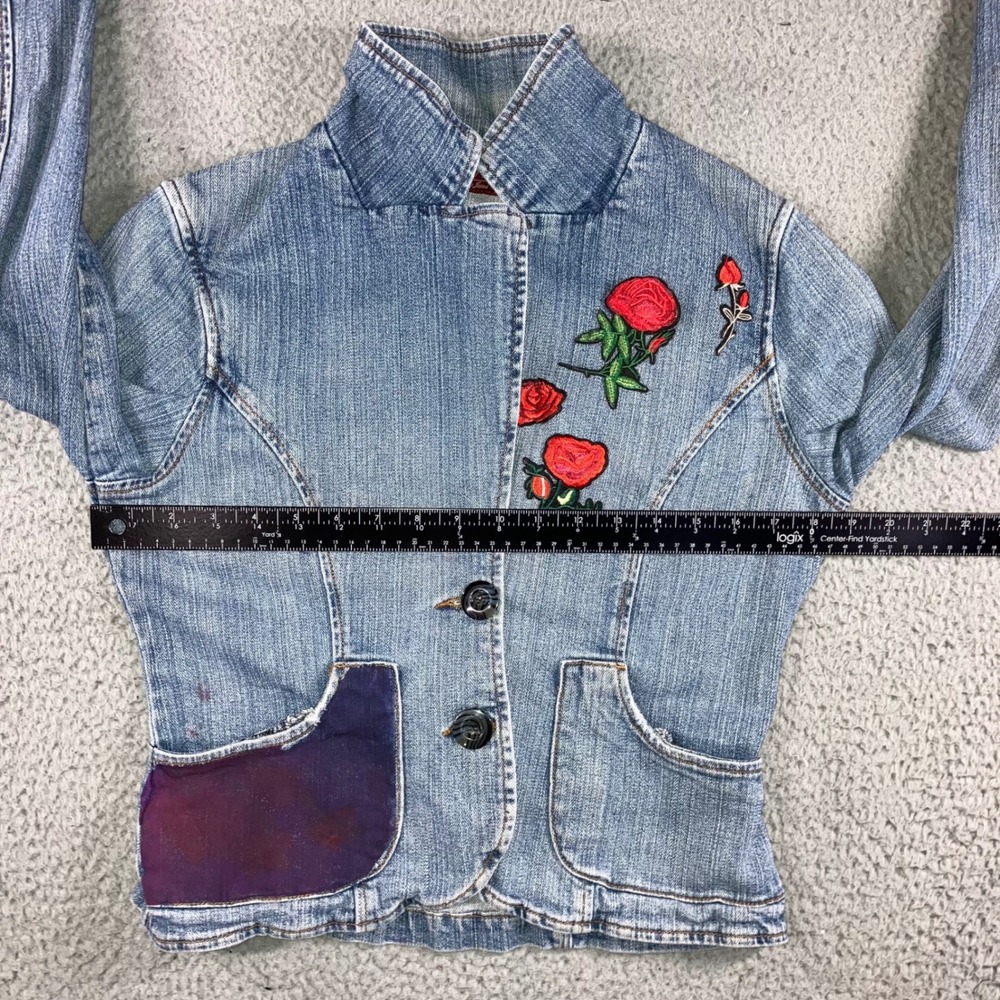 Vintage Denim Patch Jacket Women M Rose‎ Embroidered Patch Blue Jean Y2K 2000s - Picture 8 of 13